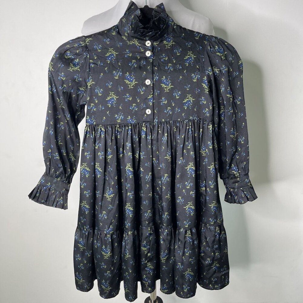 Christina Rohde Kid's Black Floral Long Sleeve Button Down Pleated Dress Size 5
